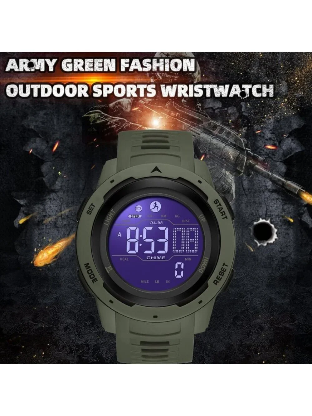 Men's Green Analog Quartz Sport Waterproof Pedometer Alarm LED Digital Watch